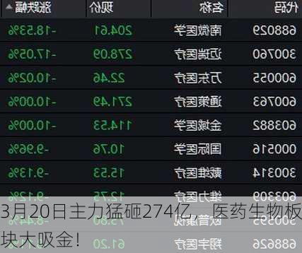 3月20日主力猛砸274亿，医药生物板块大吸金！