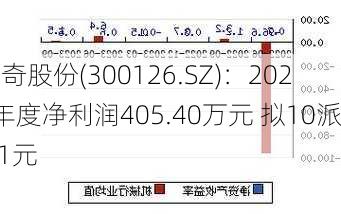 锐奇股份(300126.SZ)：2023年度净利润405.40万元 拟10派0.1元