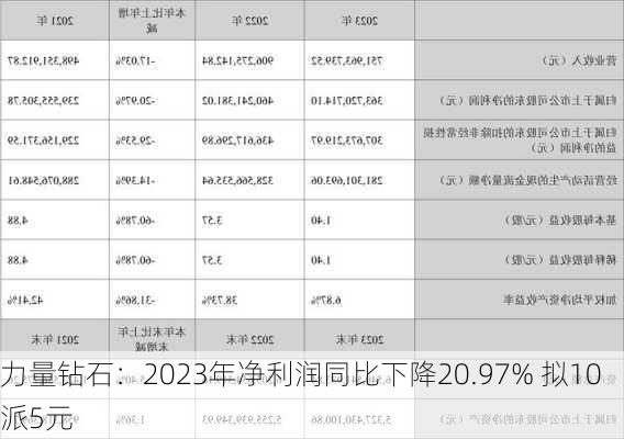 力量钻石：2023年净利润同比下降20.97% 拟10派5元