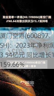 厦门空港(600897.SH)：2023年净利润3.54亿元 同比增长1159.66%