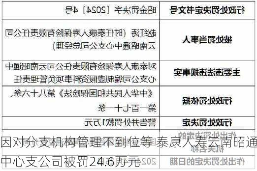 因对分支机构管理不到位等 泰康人寿云南昭通中心支公司被罚24.6万元