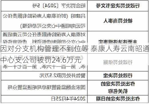 因对分支机构管理不到位等 泰康人寿云南昭通中心支公司被罚24.6万元