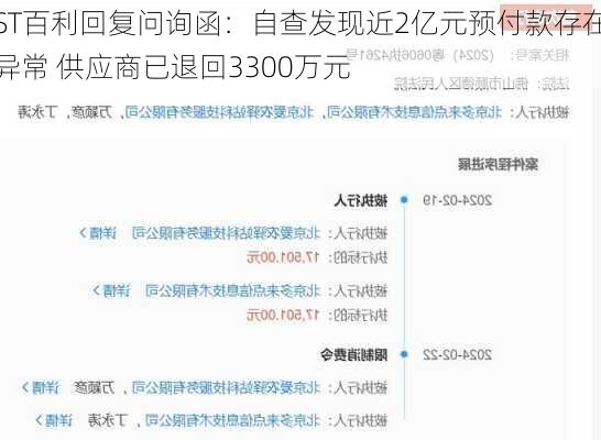 ST百利回复问询函：自查发现近2亿元预付款存在异常 供应商已退回3300万元