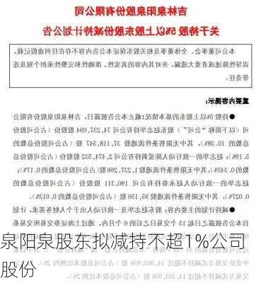 泉阳泉股东拟减持不超1%公司股份