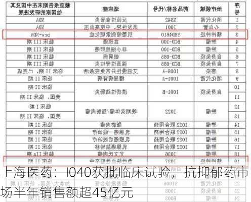 上海医药：I040获批临床试验，抗抑郁药市场半年销售额超45亿元