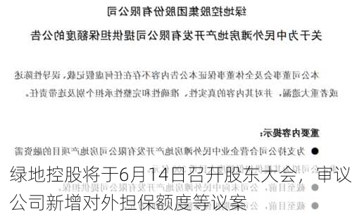 绿地控股将于6月14日召开股东大会，审议公司新增对外担保额度等议案