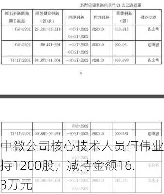 中微公司核心技术人员何伟业减持1200股，减持金额16.3万元