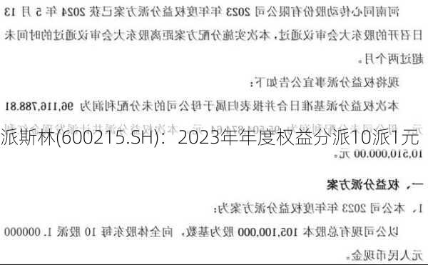 派斯林(600215.SH)：2023年年度权益分派10派1元