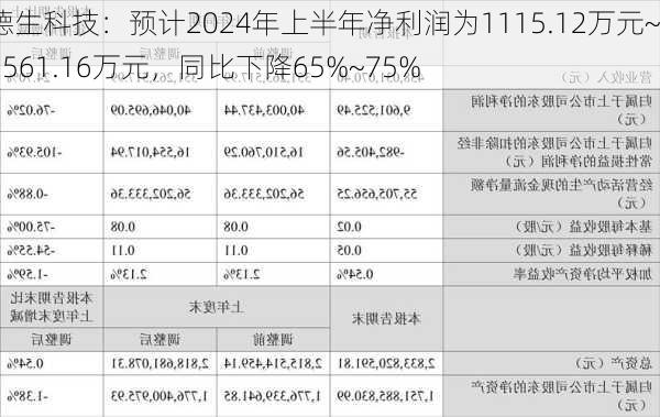 德生科技：预计2024年上半年净利润为1115.12万元~1561.16万元，同比下降65%~75%