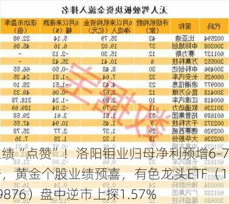 业绩“点赞”！洛阳钼业归母净利预增6-7倍，黄金个股业绩预喜，有色龙头ETF（159876）盘中逆市上探1.57%