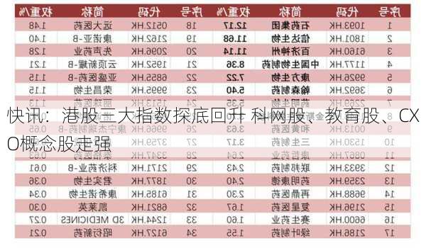 快讯：港股三大指数探底回升 科网股、教育股、CXO概念股走强