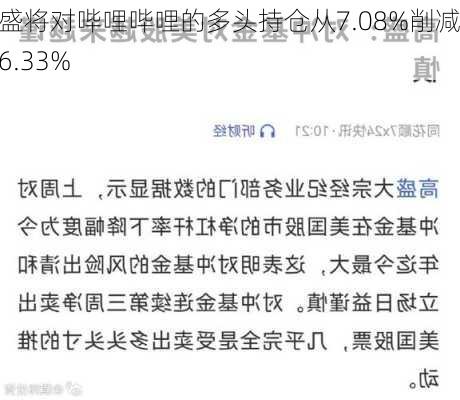 高盛将对哔哩哔哩的多头持仓从7.08%削减至6.33%