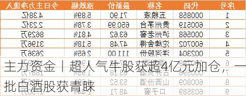 主力资金丨超人气牛股获超4亿元加仓，一批白酒股获青睐