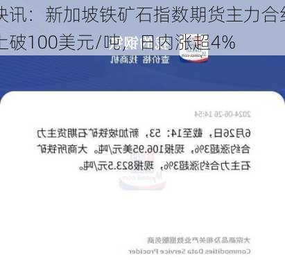 快讯：新加坡铁矿石指数期货主力合约上破100美元/吨，日内涨超4%