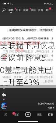 美联储下周议息会议前 降息50基点可能性已上升至43%