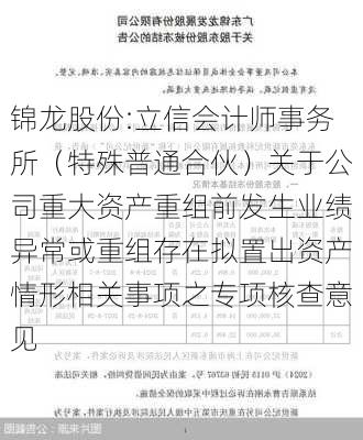 锦龙股份:立信会计师事务所（特殊普通合伙）关于公司重大资产重组前发生业绩异常或重组存在拟置出资产情形相关事项之专项核查意见