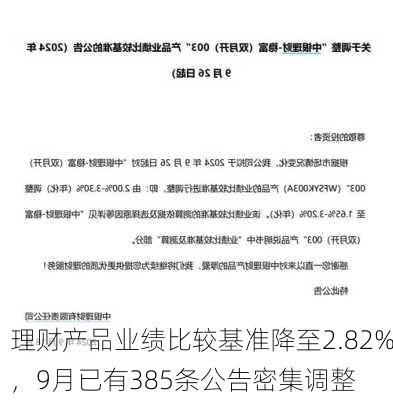 理财产品业绩比较基准降至2.82%，9月已有385条公告密集调整