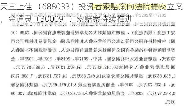 天宜上佳 （688033）投资者索赔案向法院提交立案，金通灵（300091）索赔案持续推进