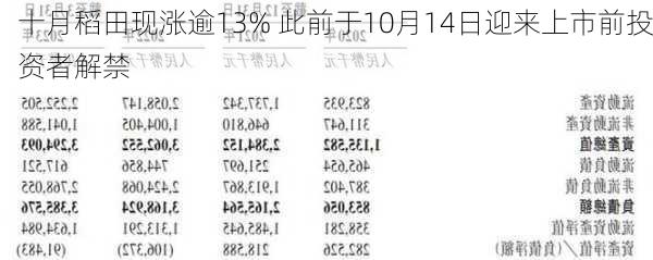 十月稻田现涨逾13% 此前于10月14日迎来上市前投资者解禁