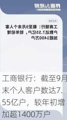 工商银行：截至9月末个人客户数达7.55亿户，较年初增加超1400万户