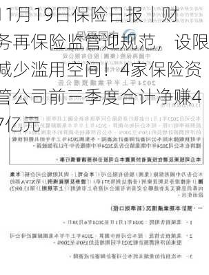 11月19日保险日报丨财务再保险监管迎规范，设限减少滥用空间！4家保险资管公司前三季度合计净赚47亿元